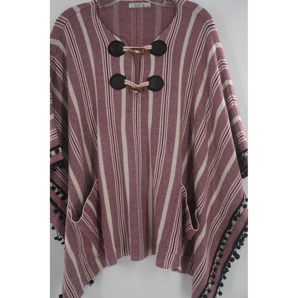 Lola Burgundy Striped Boho Poncho Sweater Knit Top Tassel Trim Pockets Size S/M